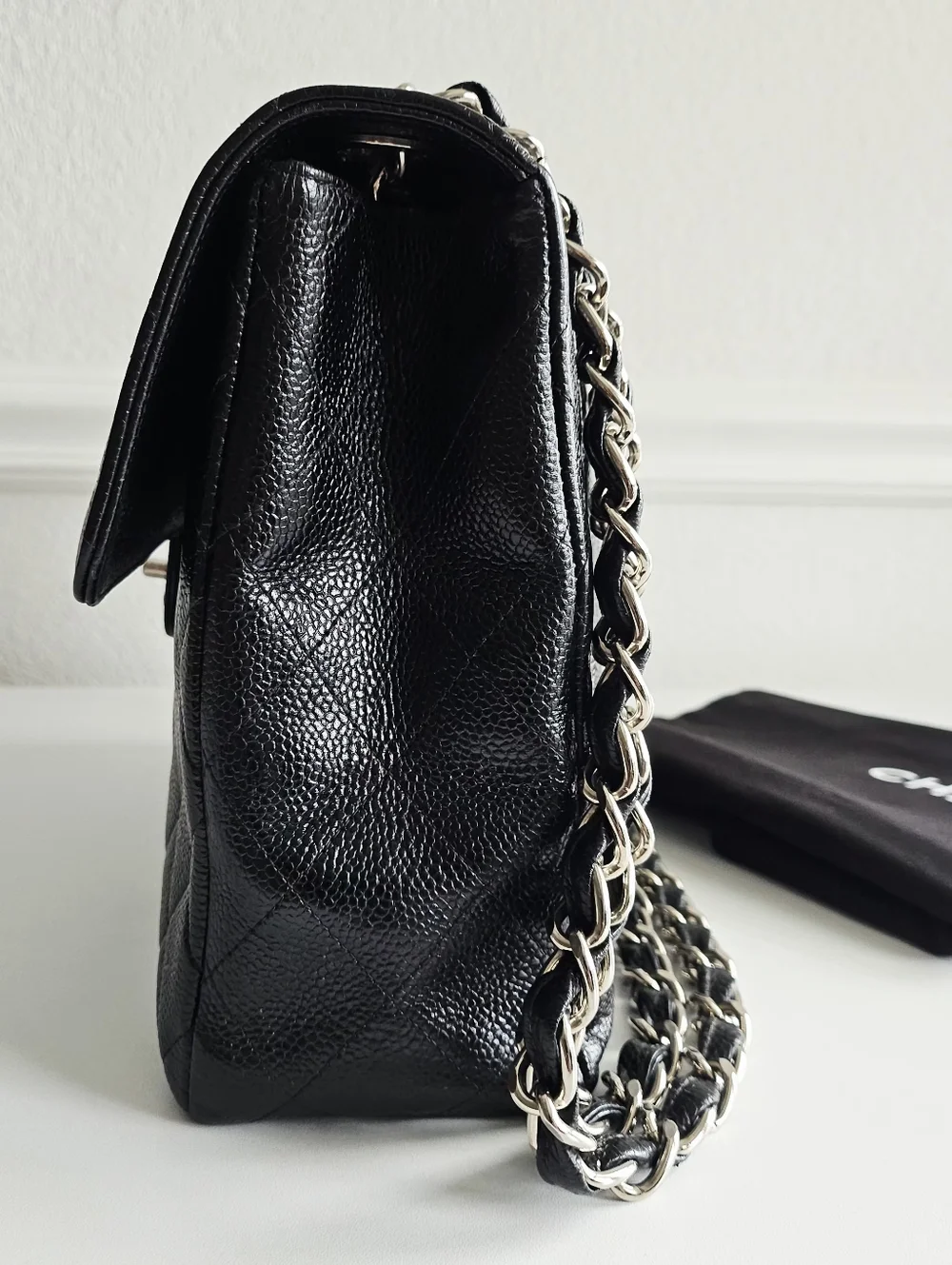 Chanel Black Quilted Caviar Leather Classic Jumbo Single Flap Bag